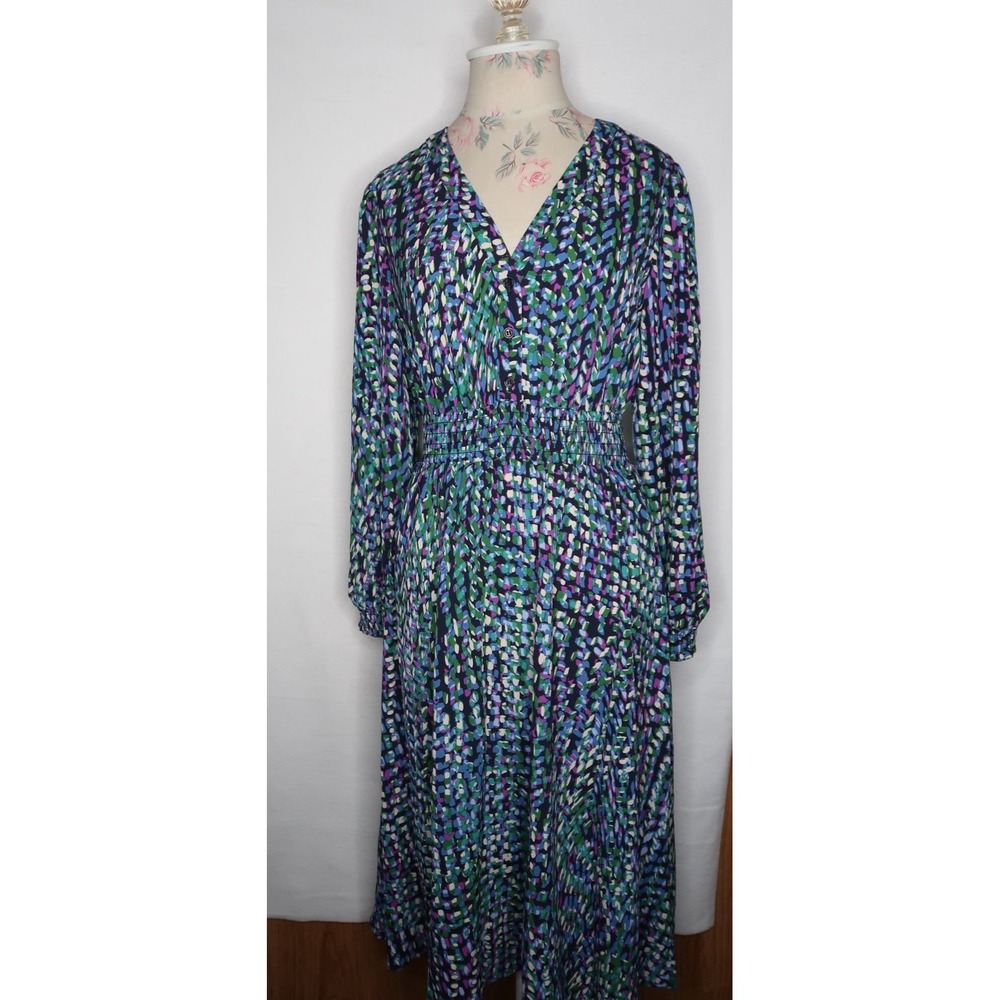 Maggy London Dress 4 Abstract Print Midi Smocked Waist V Neck Long Sleeve NWOT